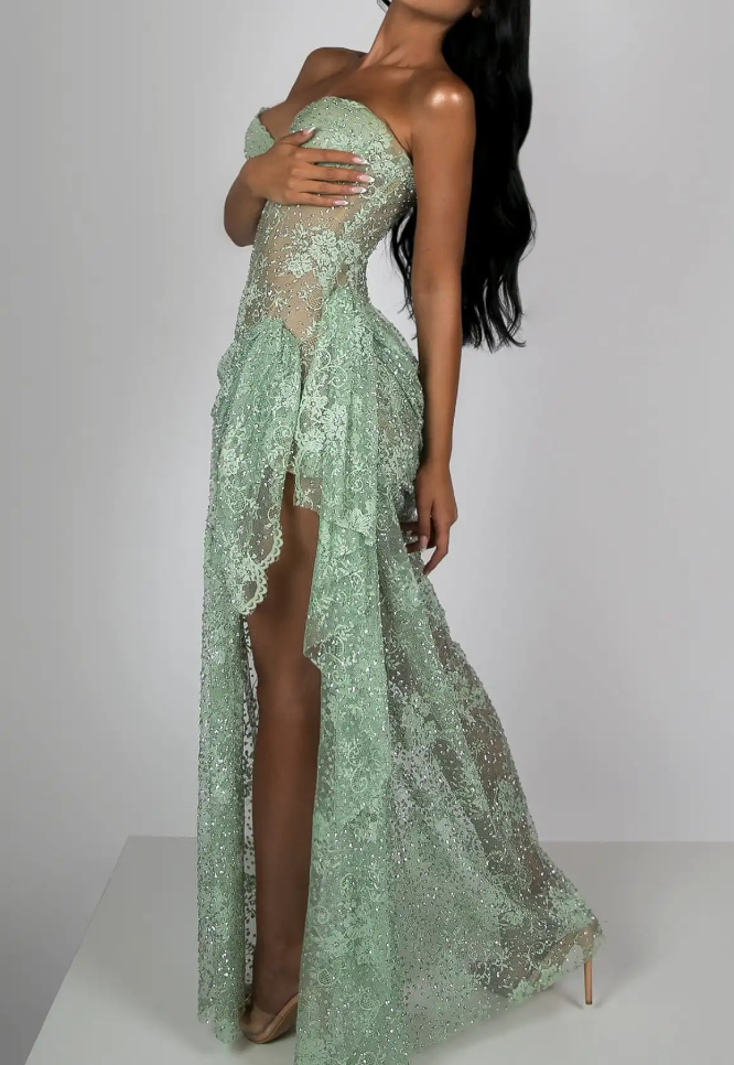 Mint Green Lace & Sequin Strapless Corset Maxi Dress