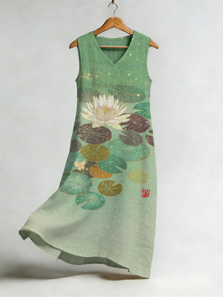 Lotus Flower Japanese Art Flowy Linen Midi Dress