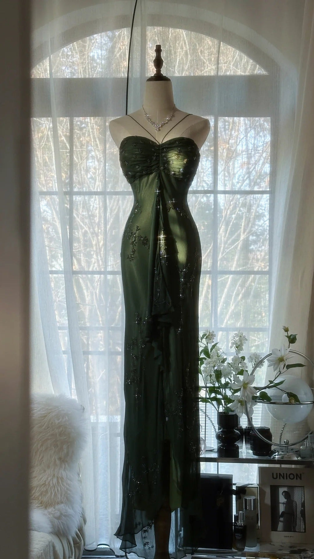 Green Elegant Fashion Exquisite Beaded Strapless Long Chiffon Ball Gown Evening Dress Birthday/Holiday Party Dress Prom Dress 4066