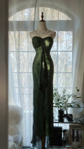 Green Elegant Fashion Exquisite Beaded Strapless Long Chiffon Ball Gown Evening Dress Birthday/Holiday Party Dress Prom Dress 4066