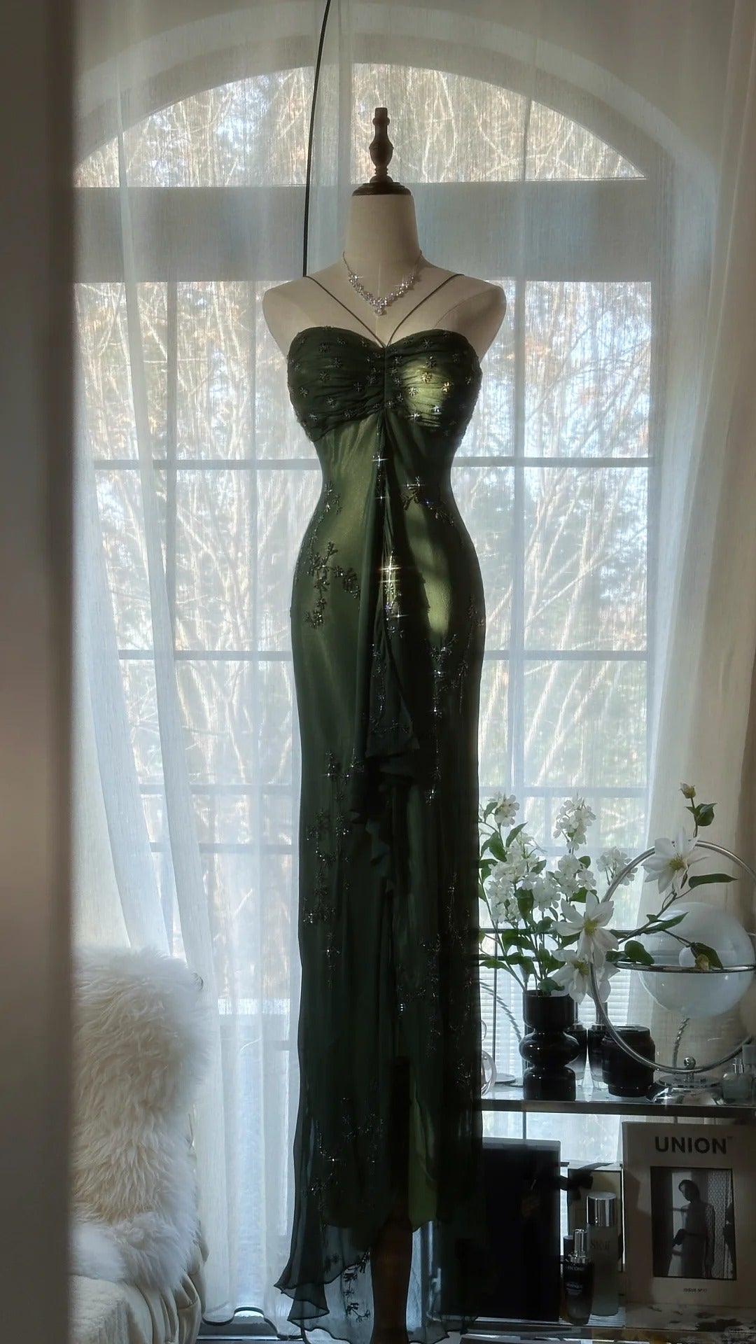 Green Elegant Fashion Exquisite Beaded Strapless Long Chiffon Ball Gown Evening Dress Birthday/Holiday Party Dress Prom Dress 4066