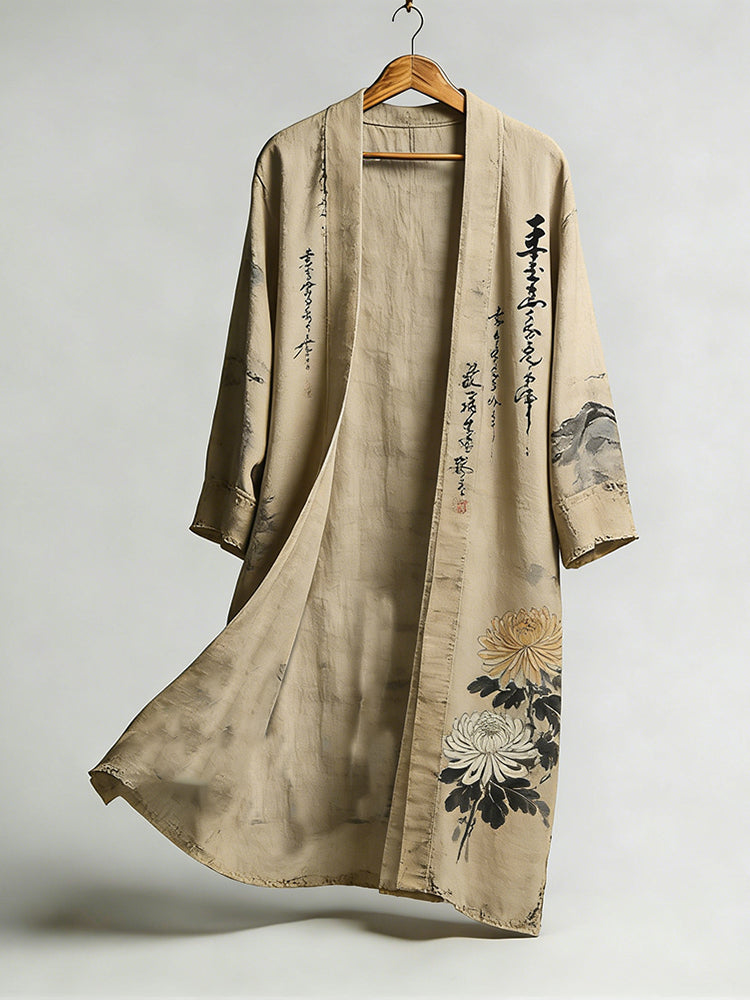 Men's Vintage Chrysanthemum And Grotesque Stone Art Linen Kimono