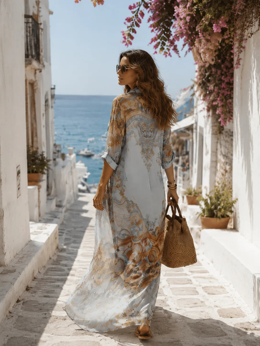 Baroque Style Floral Blue Chiffon Maxi Dress
