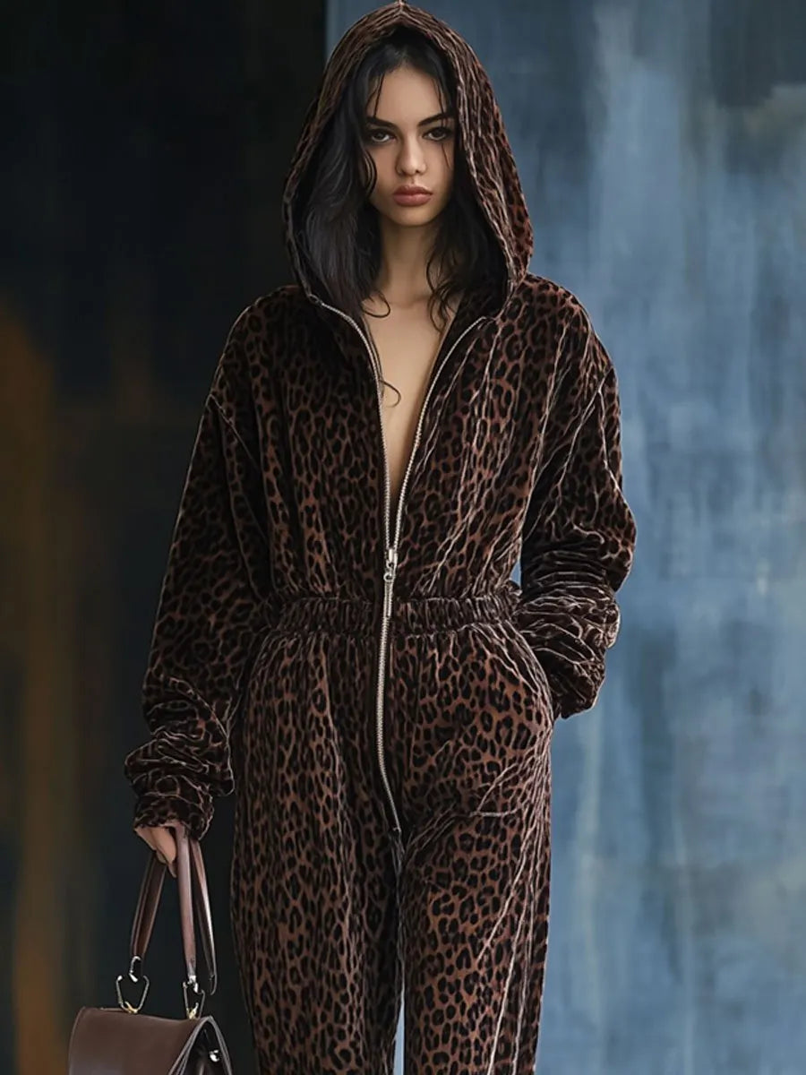 [24-hour shipping out]Casual Loose Vintage Velvet Leopard Print Elastic Waist Zipper Hooded Jumpsuit