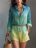 Effortless Bohemian Teal Ombre Lightweight Linen Romper