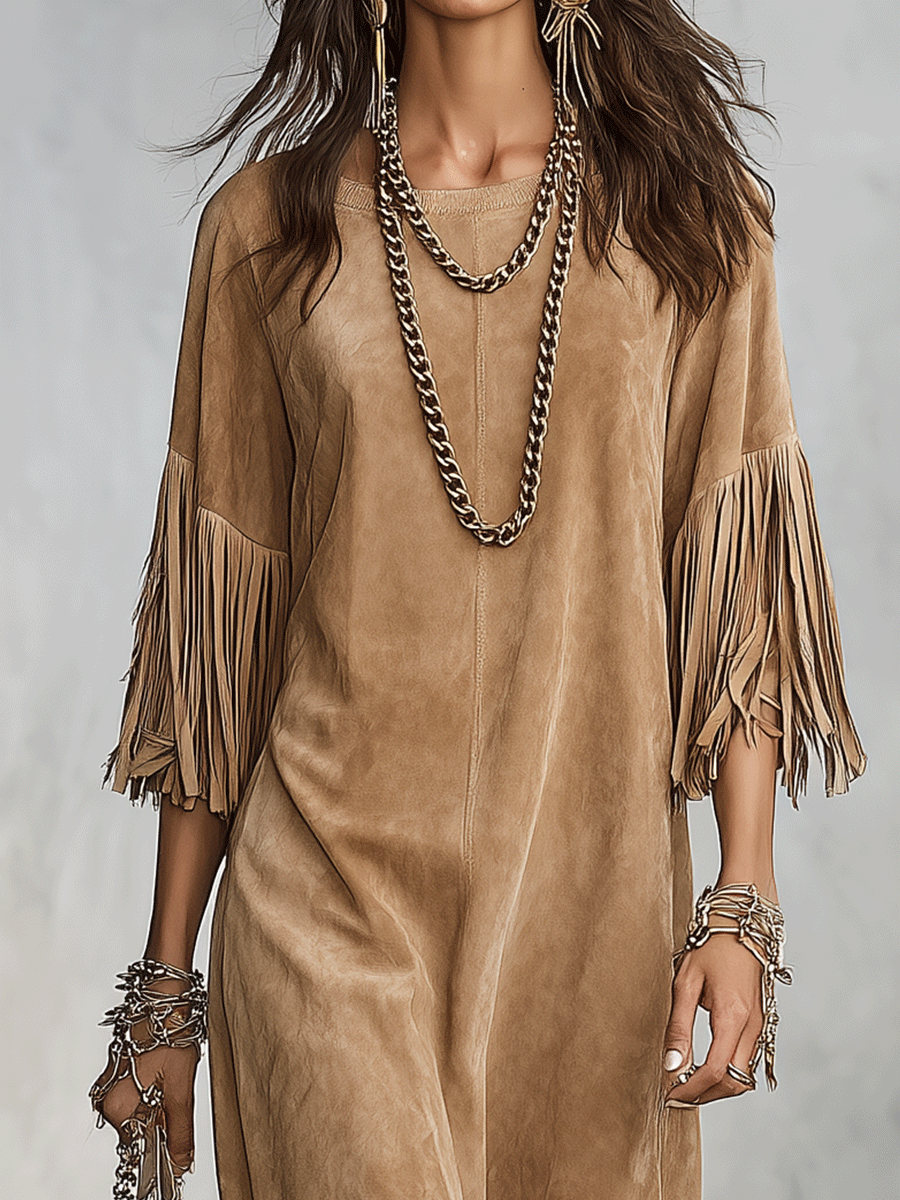 Vintage Faux Suede Oversized Sand Fringe Shift Midi Dress