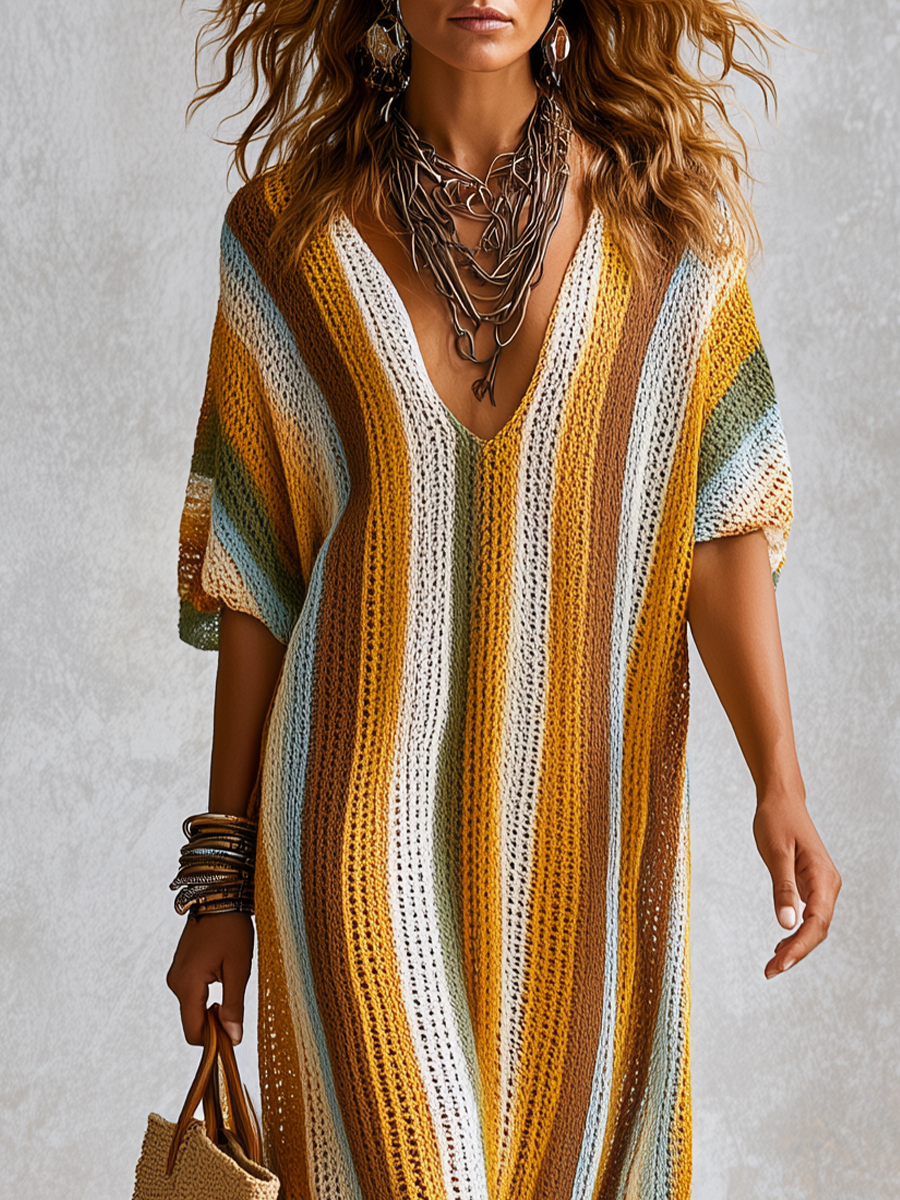 Bohemian Style Multi Colored Striped Knit Maxi Dress