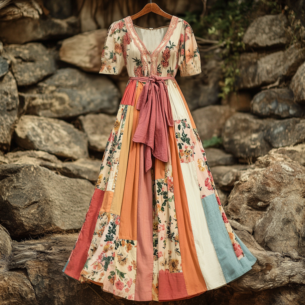 Women's Vintage Floral Patchwork Short Sleeve Dress