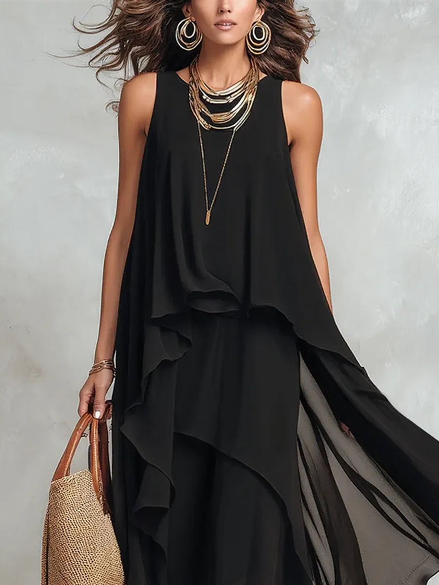 Bohemian Black Layered Chiffon Maxi Dress