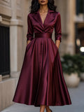 Elegant Satin Notched-Lapel Button-Front A-Line Midi Dress