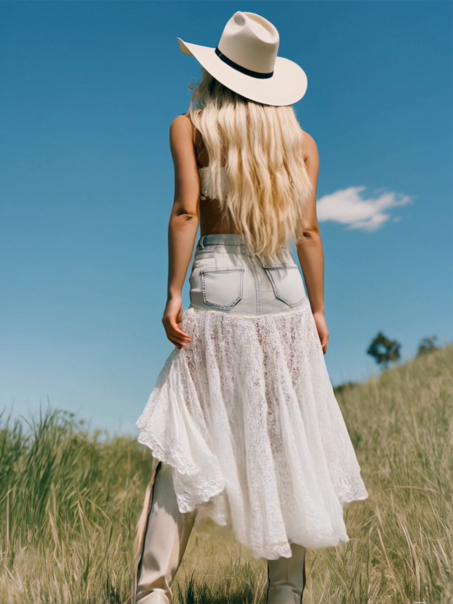 [24-hour shipping out]Romantic And Fashionable Short Front And Long Back Lace Patchwork Denim Skirt