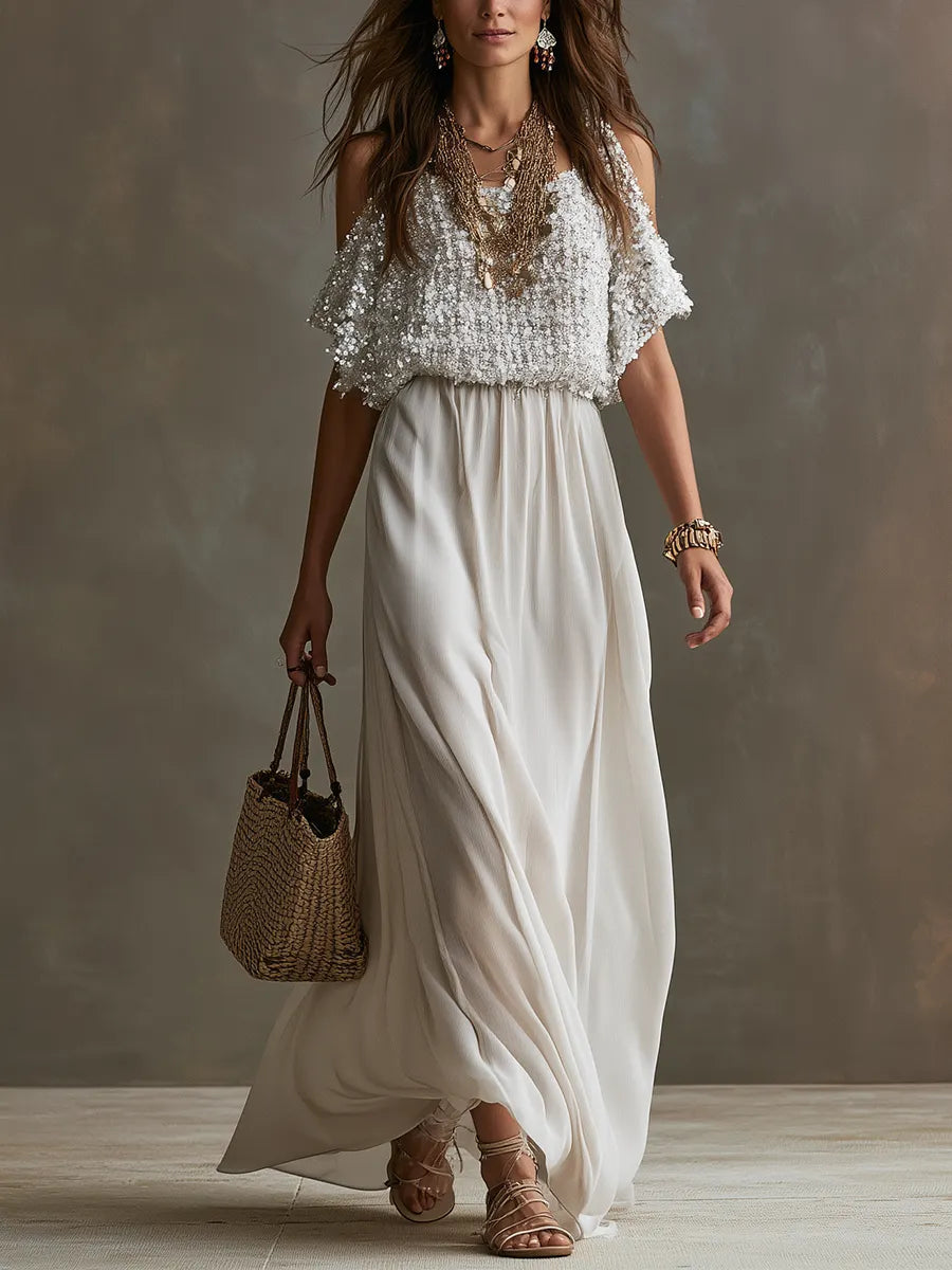 Bohemian White Off-shoulder Sequined Chiffon Maxi Dress