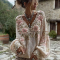 Women's Pink Flowers Art V-neck Cozy Knit Sweater