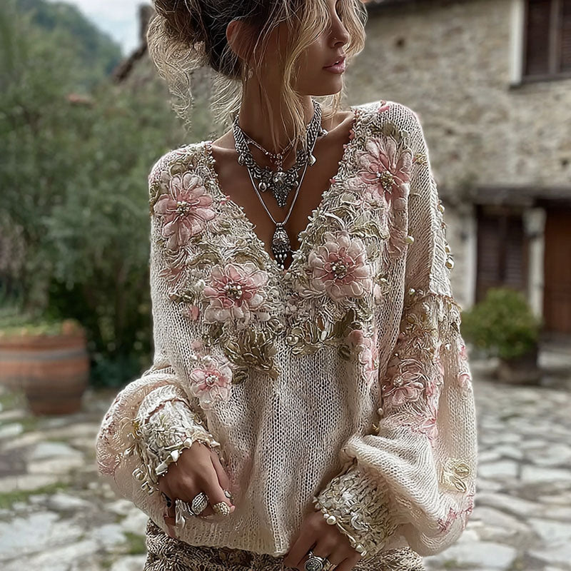Women's Pink Flowers Art V-neck Cozy Knit Sweater