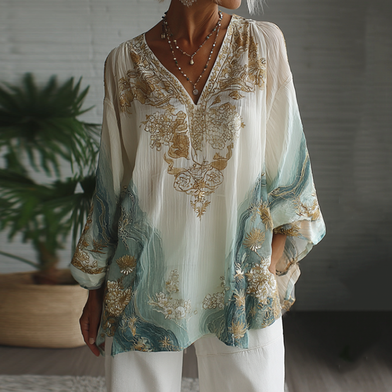 Vintage Marble Texture Collection Bohemia Women Style Gradient Gilded Pattern Linen Round Neck T-shirt