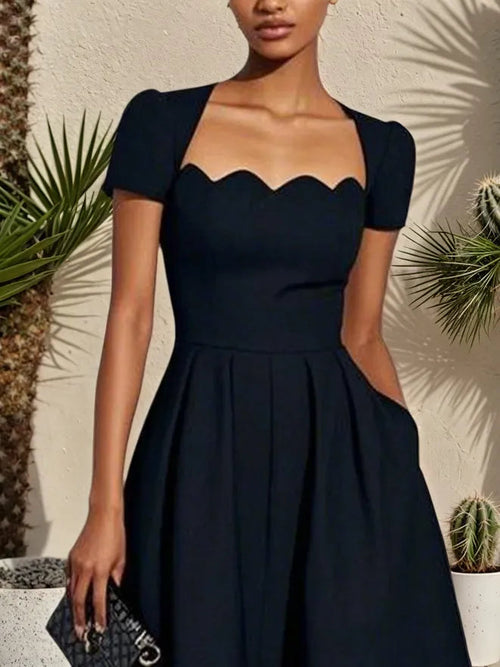 Black Irregular Craftsmanship Classic Square Neck Short Sleeve A-Line Midi Dress