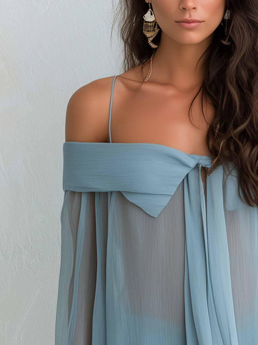 Soft Blue Off-Shoulder Draped Belted Shirt