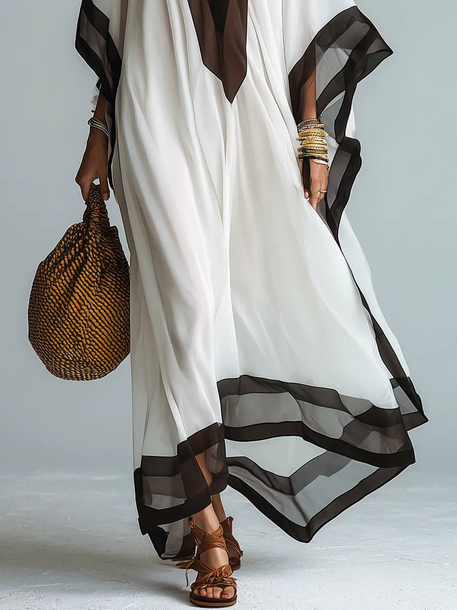 Elegant Resort Chiffon Contrast-Trim V-Neck White Kaftan Maxi Dress