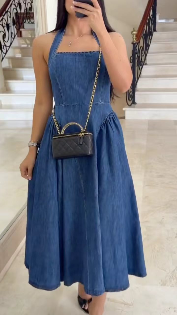 Blue Denim Halter Neck Midi Dress