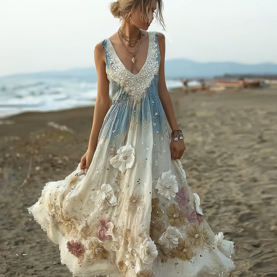 Bohemian Style Plant Flower Gradient Color Long Dress