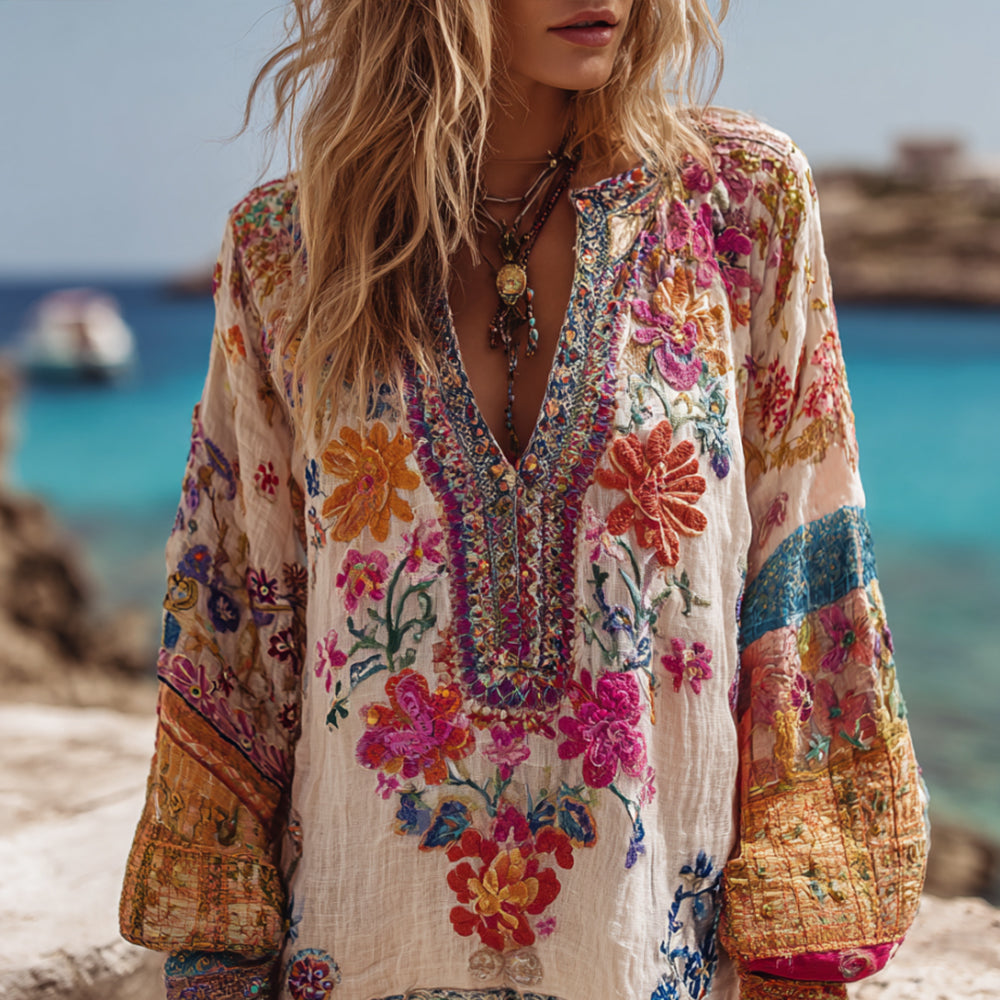 Bohemian Style Embroidered Flower Vacation Long-sleeved V-neck Worn-out Long-sleeved Top