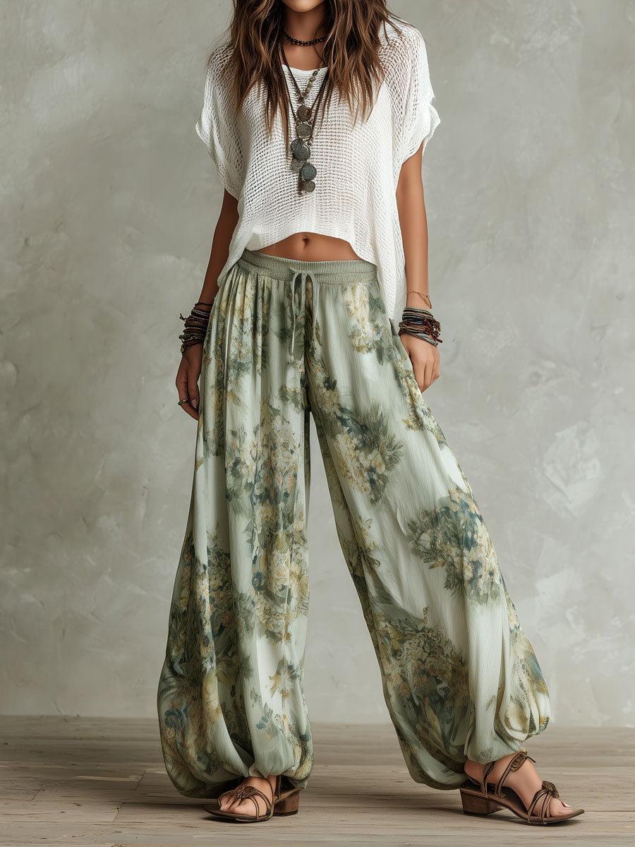 White Crochet Knit Crop Top & Light Green Ink Floral Print Elastic Waist Lantern Pants Set