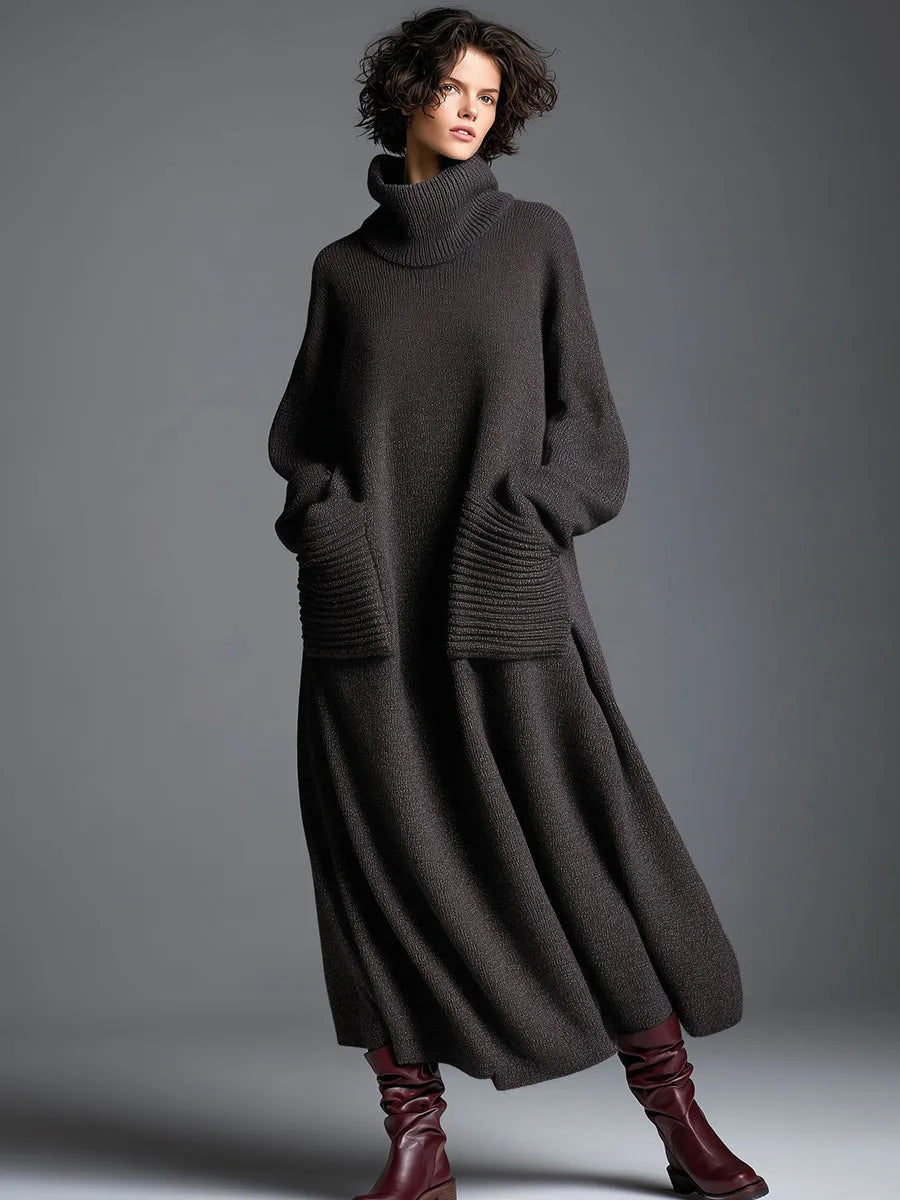 High-end Fashionable Loose Neckline Brown Knitted Maxi Dress