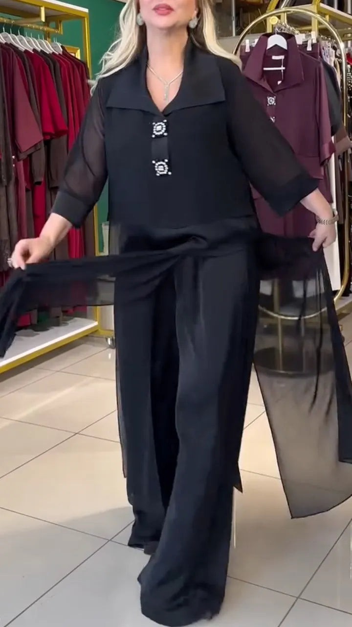Black Sheer Chiffon Wide Leg Pants Set