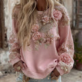 Women's Pink Rose Embroidery Art Round Neck Long Sleeve Casual Sweatshirt