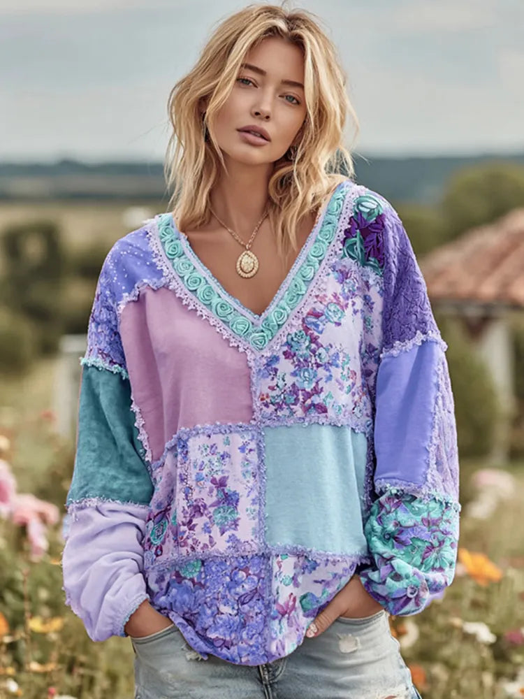 Women's Vintage Floral Patchwork Art Cozy Warm Sweatshirt