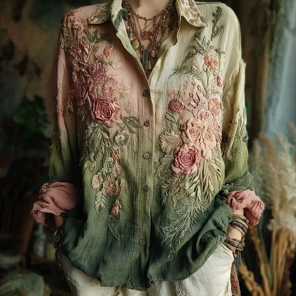 Women's Vintage Floral Embroidery Contrast Linen Shirt