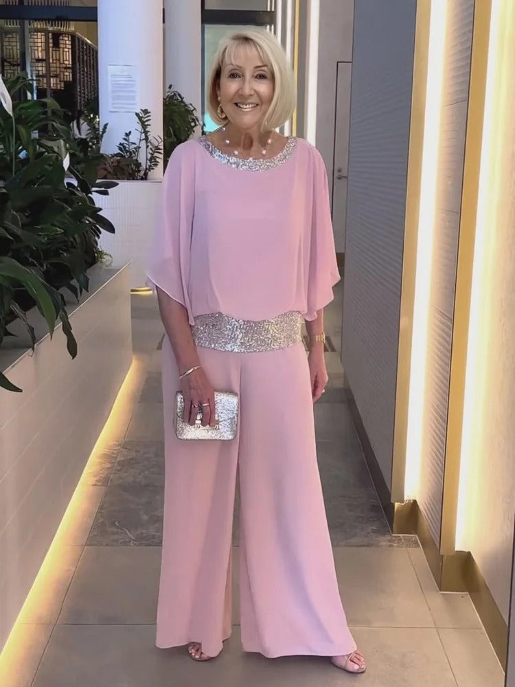 Shine Bright Pink Gorgeous Outfit with Sequins Wedding Tunic Party Suit  Chiffon Opaque Soft Fabric Two Piece Set