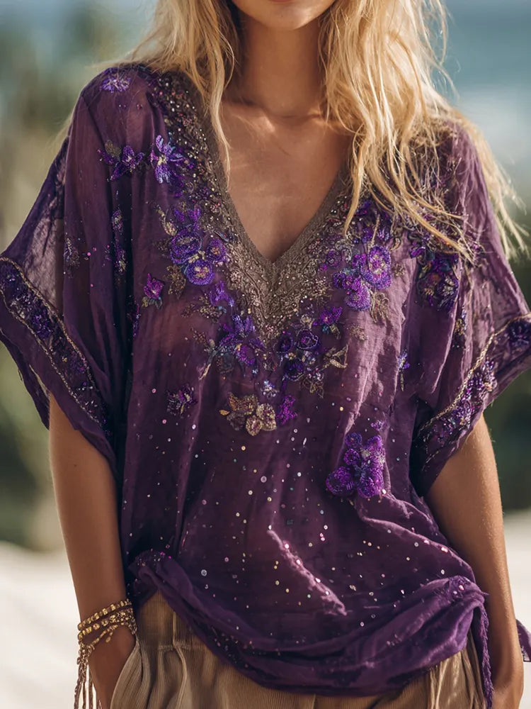 Women's Pansy Embroidered Sequined Holiday Short Sleeve T-shirt