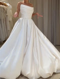 Strapless Draped Satin Ballgown Wedding Dress Minimalist Plain Satin Bridal Gown With Train