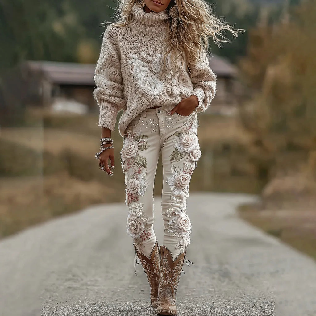 Women's Vintage Rose Floral Embroidery Art Jeans