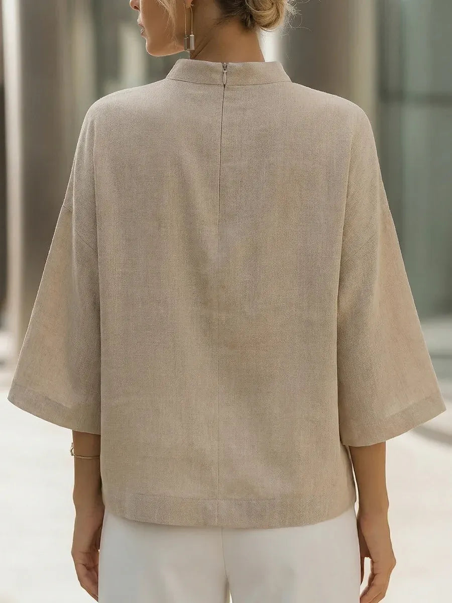 Minimalist Elegance Mock Neck Cotton-linen Shirt