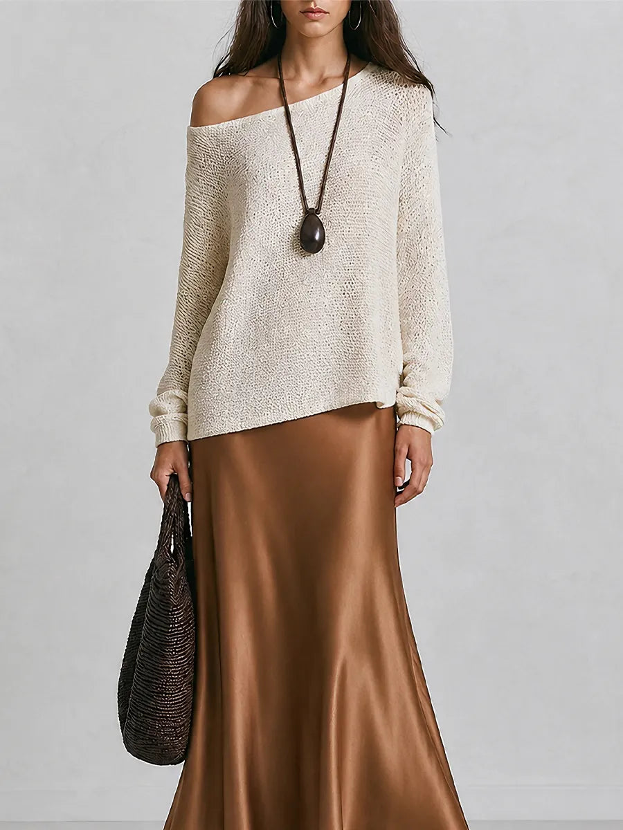 Slouchy One-Shoulder Long Sleeve Knit Pullover