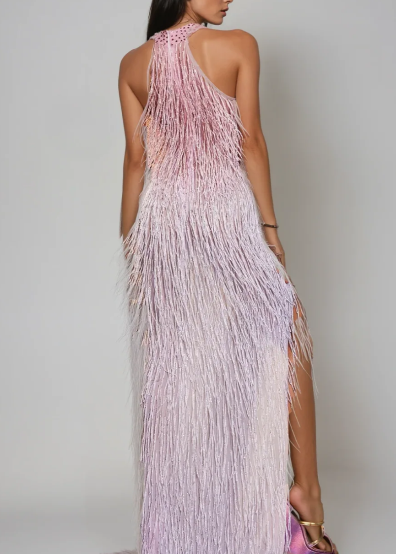 Pink Ombre Halter Neck Fringe Formal Maxi Dress