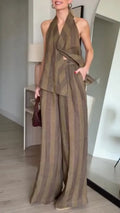 Olive Green Striped Linen Halter Neck 2 Piece Set