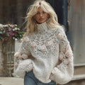 Women's Vintage Rose Floral Art Cozy Knit Fair Isle Turtleneck Sweater