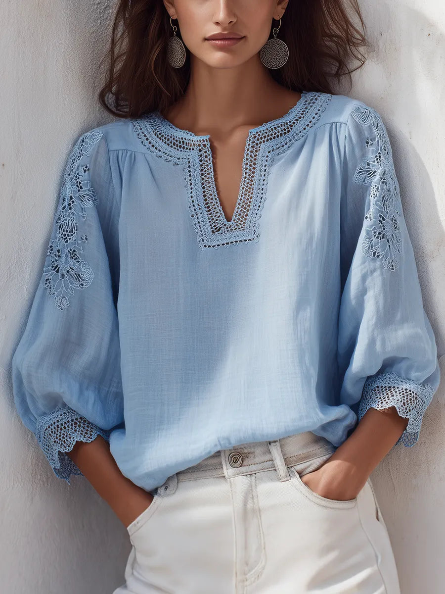 Delicate Sky Blue Lace Trim Blouse