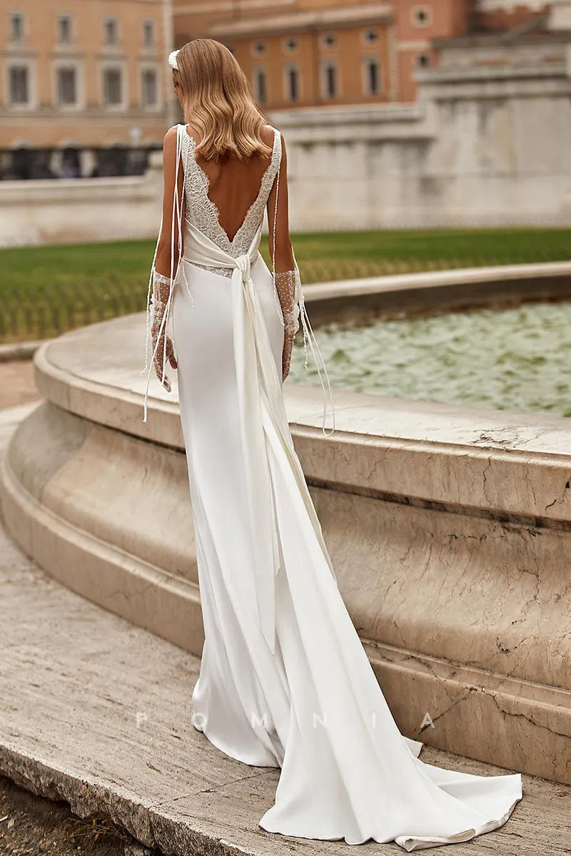 P3212 - Elegant Straps V-Neck Sleeveless Mermaid Pleated Long Beach Wedding Dress