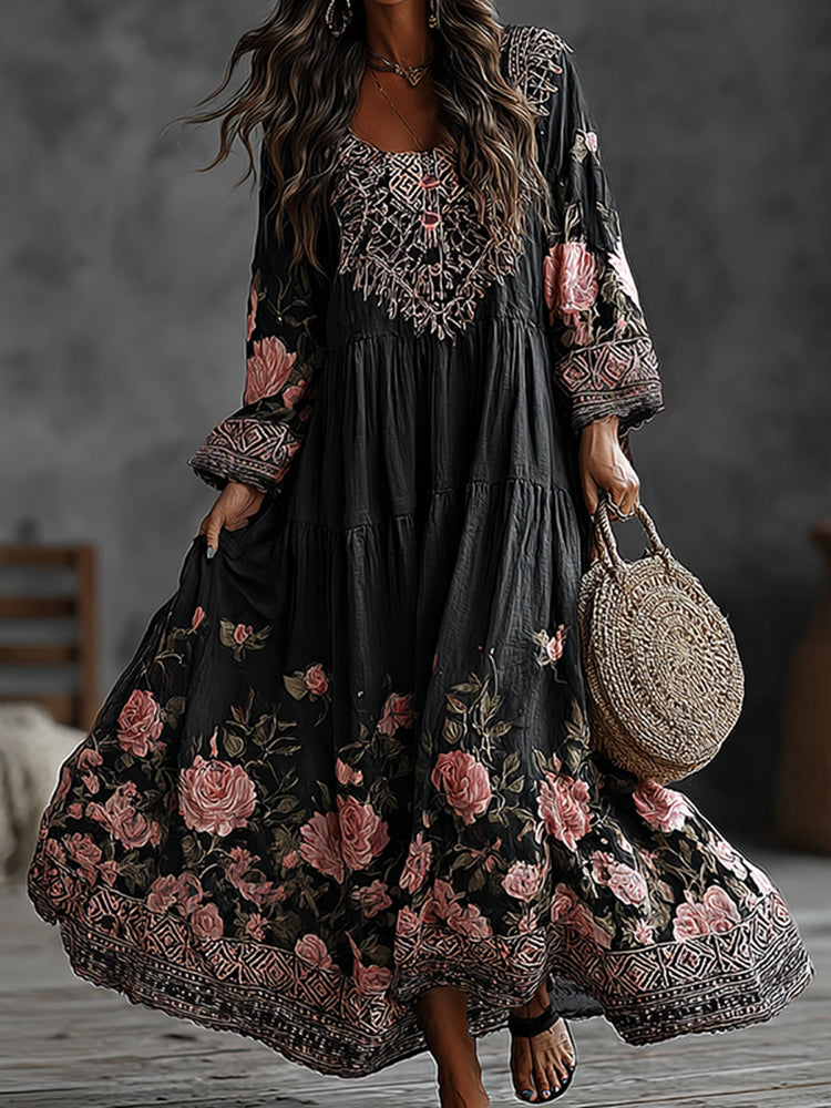 Women's Floral Art Flowy Linen Blend Casual Long Sleeve Maxi Dress