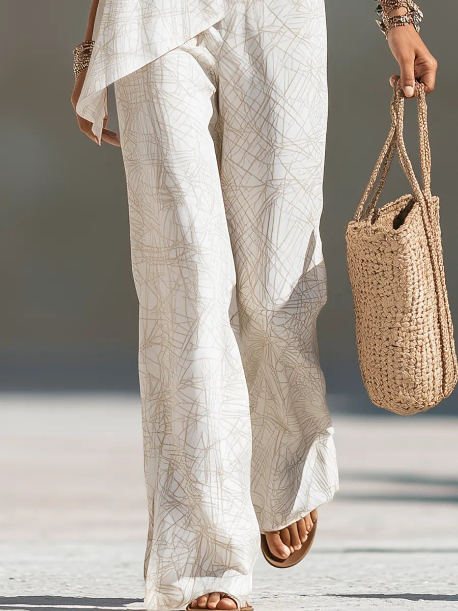 Minimalist Ivory Abstract Print Draped Halter Wide-Leg Pant Set