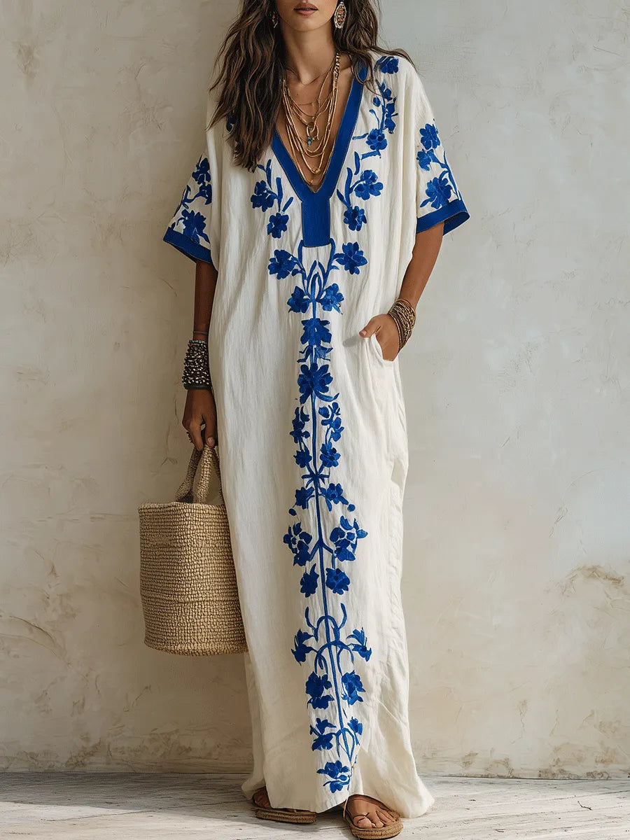 Effortless Boho Cotton Contrast-Trim Loose Off-White Embroidered Kaftan Maxi Dress
