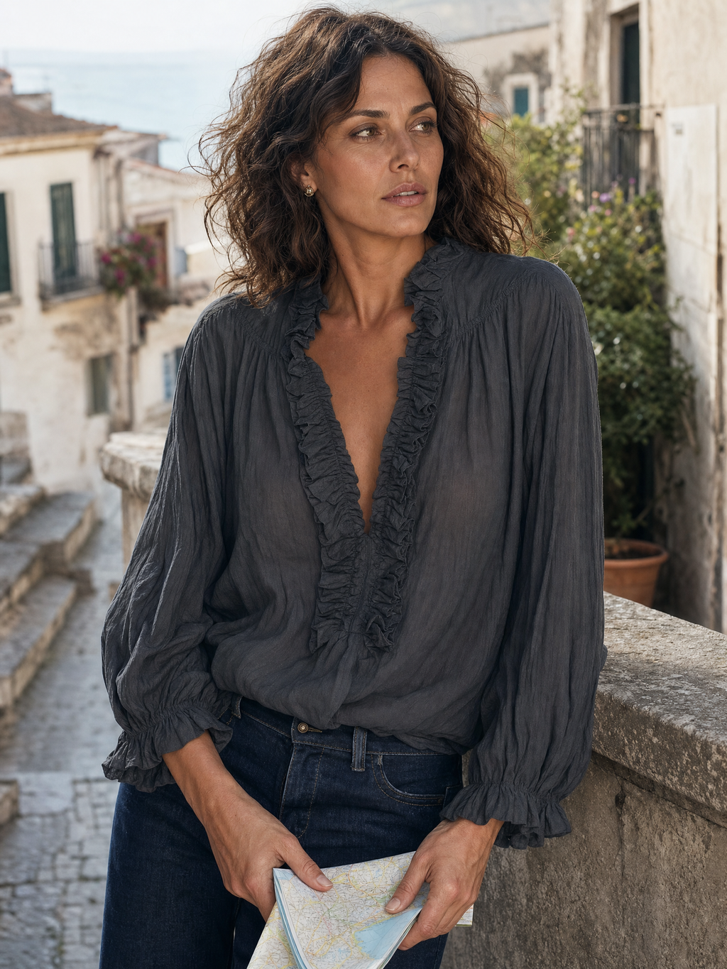 Sheer Ruffle V-Neck Bohemian Blouse