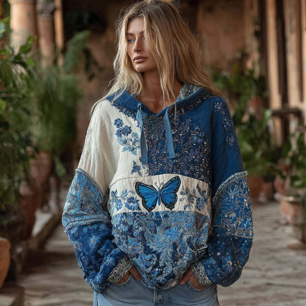 Women's Bohemian Style Plant-dyed Patchwork Floral Embroidery Blue Butterfly Hoodie