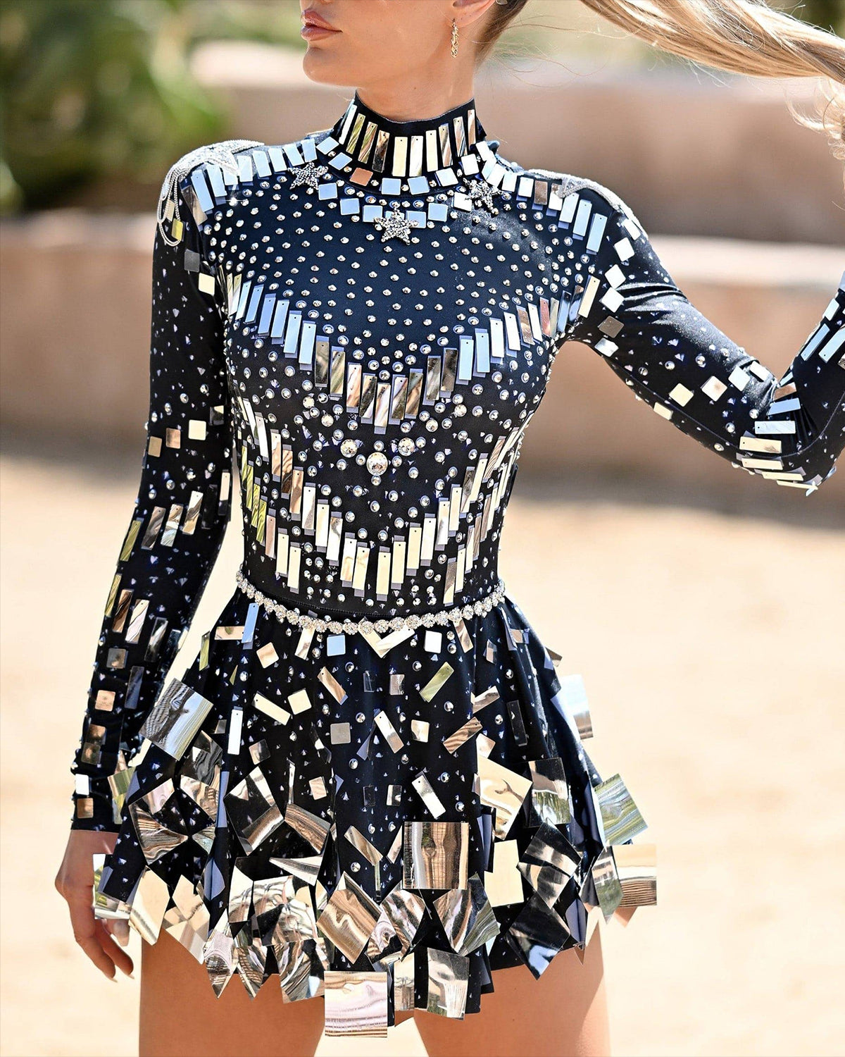 Women's Long Sleeve Mesh Sequin Mini Dress
