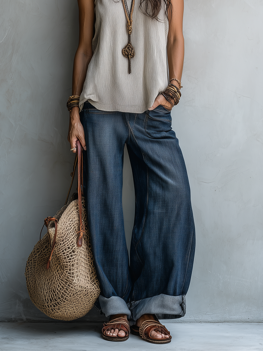 Coastal Boho Slouchy Wide Leg Denim Pants