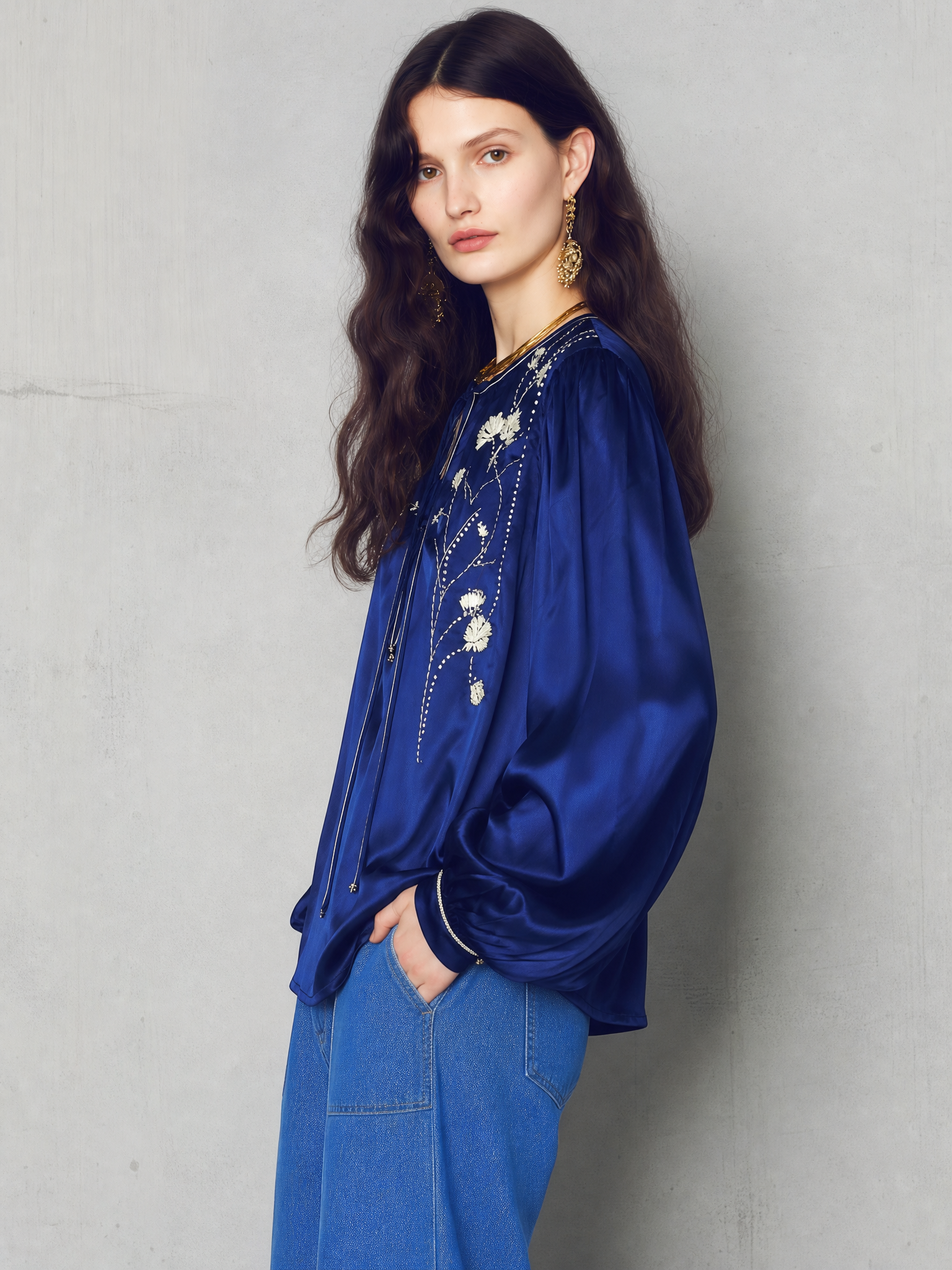 Refined Royal Blue Floral Embroidered Blouse